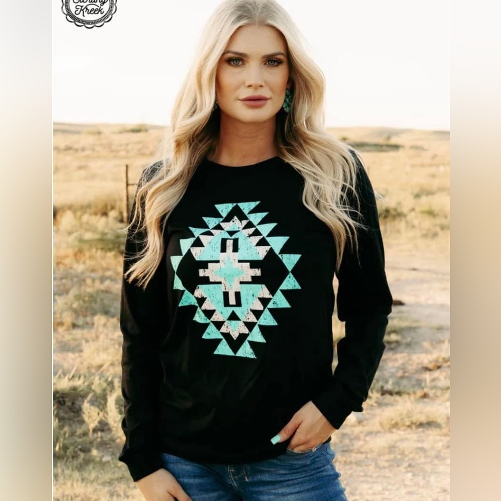 🩵Sterling Kreek Long Sleeve Icy Aztec Tee Cowgirl Rodeo Western